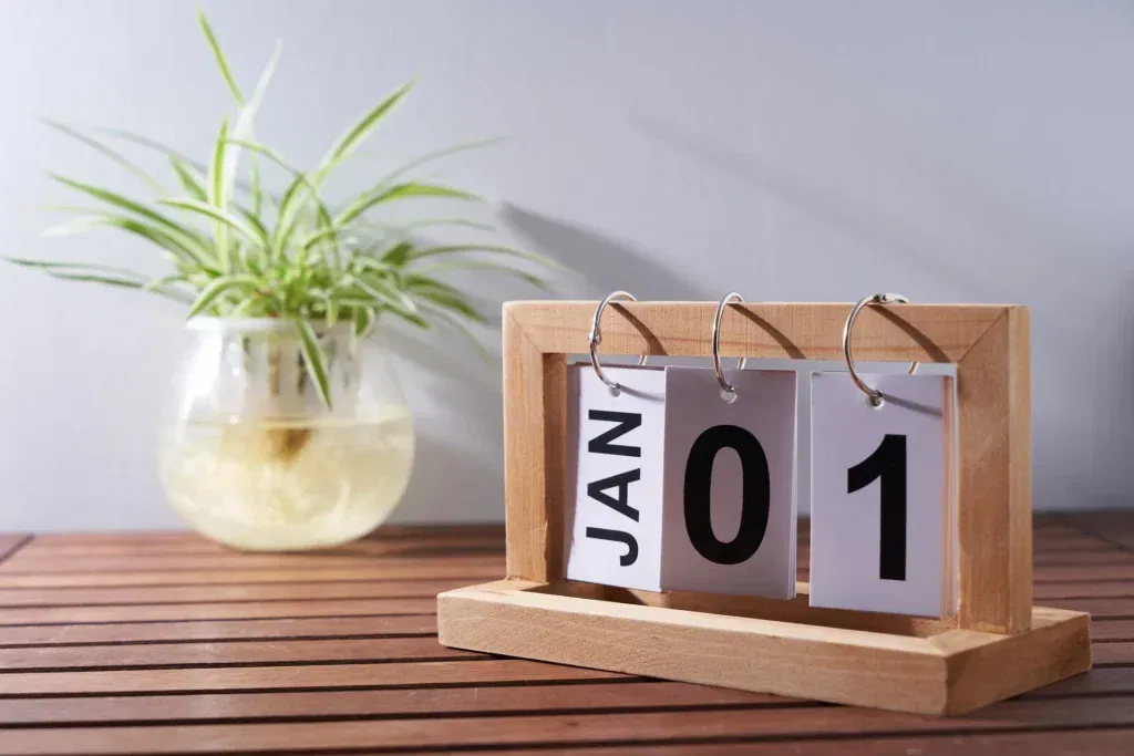 Calendar indicating the date of January 1 sits on a table with a small plant beside it.