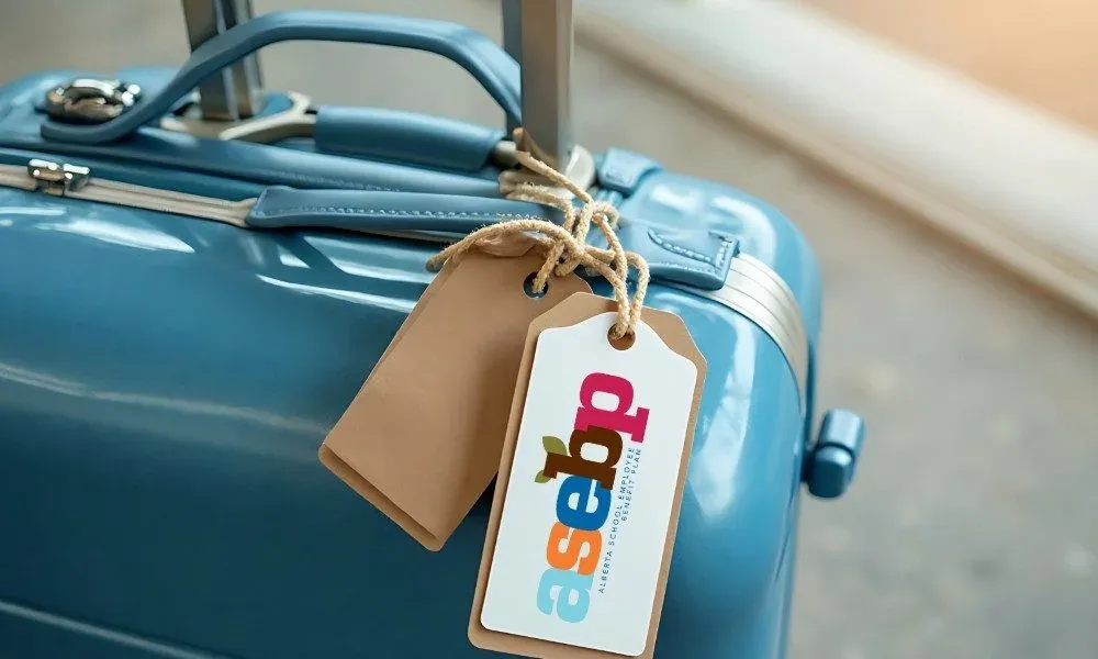 Close up of top of a suitcase and a luggage tag with ASEBP's logo on it